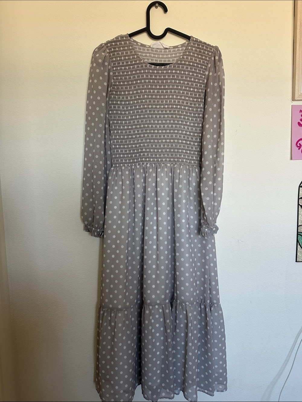 Smocked Polka Dot Long Sleeve Maxi Dress - Grey